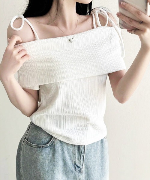 FREE STYLISTS(フリー スタイリスト)の「オフショルダー リボンタイ ニット トップス(Tシャツ/カットソー・レディース・ホワイト・M/S)」の11枚目の写真