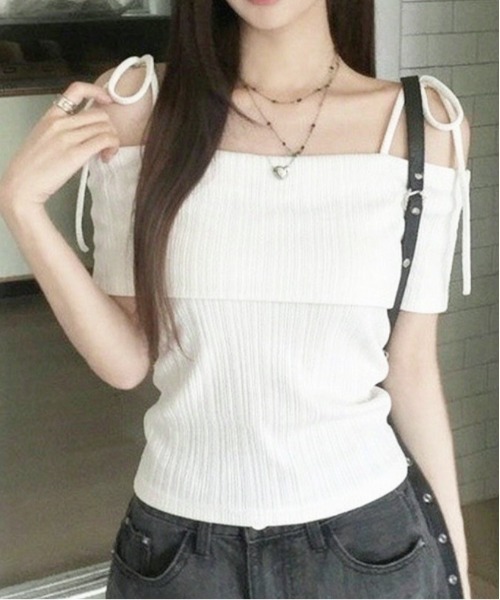 FREE STYLISTS(フリー スタイリスト)の「オフショルダー リボンタイ ニット トップス(Tシャツ/カットソー・レディース・ホワイト・M/S)」の7枚目の写真