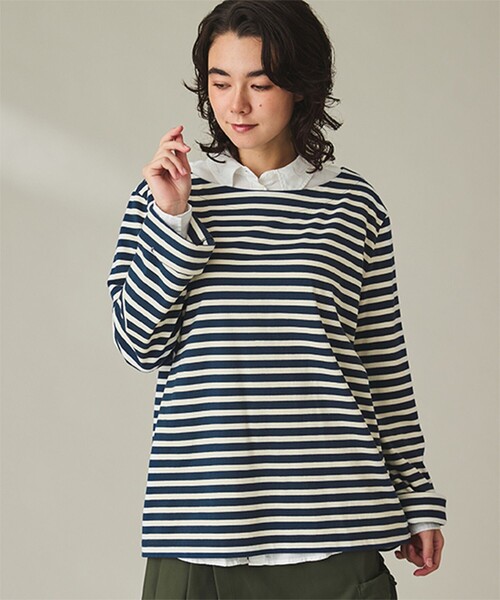 AIGLE(エーグル)の「ストライプ ボートネック ロングスリーブTシャツ(Tシャツ/カットソー・レディース・ブルー・L/M/S)」の1枚目の写真