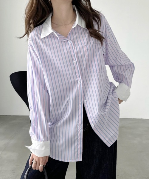 Eclat one(エクラワン)の「【Eclat one】配色マルチストライプ ビッグ シャツ(シャツ/ブラウス・レディース・ブルー/ピンク・FREE)」の3枚目の写真