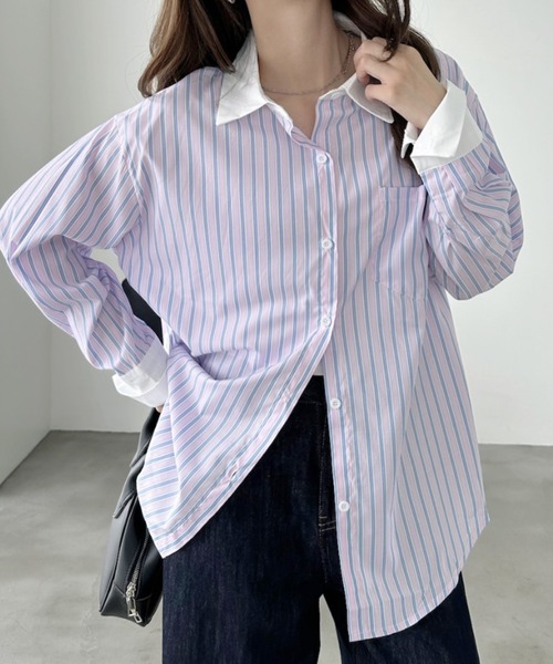 Eclat one(エクラワン)の「【Eclat one】配色マルチストライプ ビッグ シャツ(シャツ/ブラウス・レディース・ブルー/ピンク・FREE)」の4枚目の写真