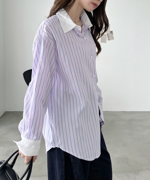 Eclat one(エクラワン)の「【Eclat one】配色マルチストライプ ビッグ シャツ(シャツ/ブラウス・レディース・ブルー/ピンク・FREE)」の5枚目の写真