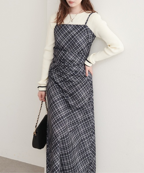 natural couture(ナチュラルクチュール)の「【ZOZO限定】カットジョーゼット ドレープキャミワンピース(ワンピース・レディース・その他1/その他2/チェック/グレイッシュベージュ/ブラック・FREE)」の1枚目の写真