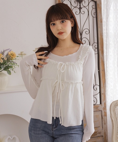Anely(アネリー)の「【2点セット】ふわふわシャギーカーディガン&ギャザートップス(その他トップス・レディース・ダークグレー/ブルーグレー/ブラウン/アイボリー・FREE)」の2枚目の写真