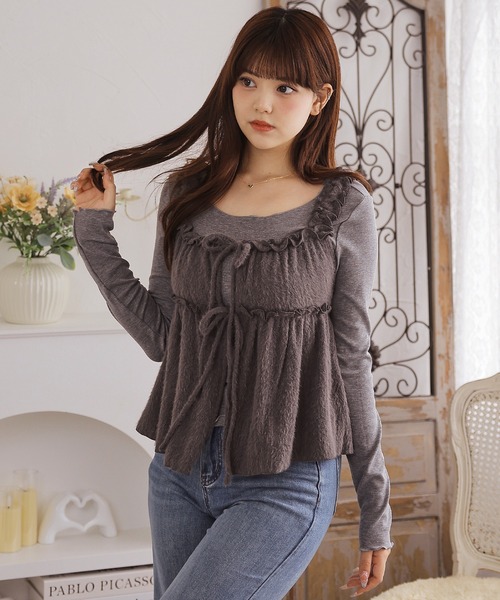 Anely(アネリー)の「【2点セット】ふわふわシャギーカーディガン&ギャザートップス(その他トップス・レディース・ダークグレー/ブルーグレー/ブラウン/アイボリー・FREE)」の3枚目の写真