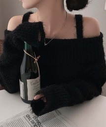 オフショルダー シャギーニットプルオーバー