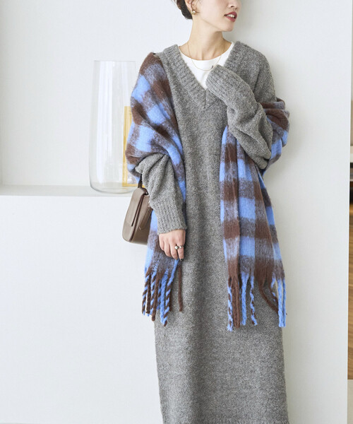 FREAK'S STORE（フリークスストア）の「限定展開　ミニ ブークレ Vネック ニット ワンピース（ワンピース・レディース・イエロー/ナチュラル/ブラック/ブラウン/グレー・ﾌﾘ-）」の14枚目の写真