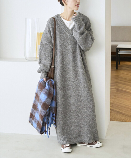FREAK'S STORE（フリークスストア）の「限定展開　ミニ ブークレ Vネック ニット ワンピース（ワンピース・レディース・イエロー/ナチュラル/ブラック/ブラウン/グレー・ﾌﾘ-）」の15枚目の写真