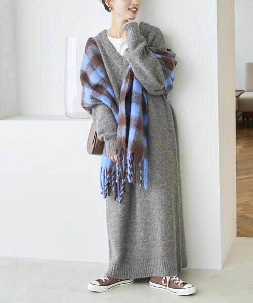 FREAK'S STORE（フリークスストア）の「限定展開　ミニ ブークレ Vネック ニット ワンピース（ワンピース・レディース・イエロー/ナチュラル/ブラック/ブラウン/グレー・ﾌﾘ-）」の16枚目の写真