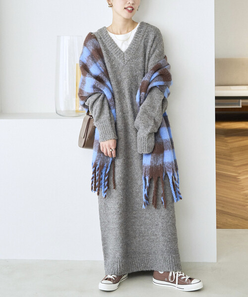 FREAK'S STORE（フリークスストア）の「限定展開　ミニ ブークレ Vネック ニット ワンピース（ワンピース・レディース・イエロー/ナチュラル/ブラック/ブラウン/グレー・ﾌﾘ-）」の17枚目の写真