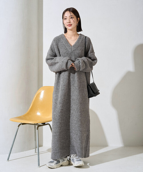 FREAK'S STORE（フリークスストア）の「限定展開　ミニ ブークレ Vネック ニット ワンピース（ワンピース・レディース・イエロー/ナチュラル/ブラック/ブラウン/グレー・ﾌﾘ-）」の18枚目の写真