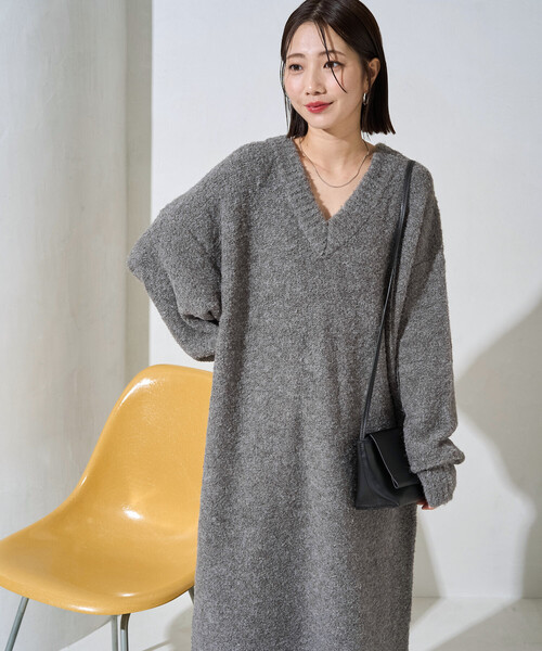 FREAK'S STORE（フリークスストア）の「限定展開　ミニ ブークレ Vネック ニット ワンピース（ワンピース・レディース・イエロー/ナチュラル/ブラック/ブラウン/グレー・ﾌﾘ-）」の19枚目の写真