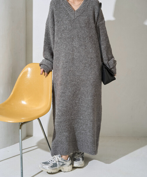 FREAK'S STORE（フリークスストア）の「限定展開　ミニ ブークレ Vネック ニット ワンピース（ワンピース・レディース・イエロー/ナチュラル/ブラック/ブラウン/グレー・ﾌﾘ-）」の22枚目の写真