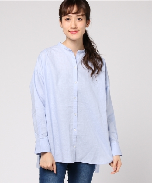 LBC（エルビーシー）の「リネンコットンバンドカラーシャツ              （シャツ/ブラウス・レディース・ライトブルー/ホワイト/ネイビー・LARGE/MEDIUM）」の3枚目の写真