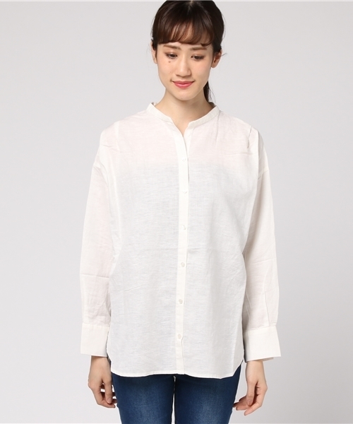 LBC（エルビーシー）の「リネンコットンバンドカラーシャツ              （シャツ/ブラウス・レディース・ライトブルー/ホワイト/ネイビー・LARGE/MEDIUM）」の4枚目の写真