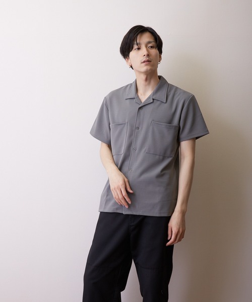 VIBGYOR(ヴィブジョー)の「【VIBGYOR BY AS】薄梨地半袖オープンシャツ(BL)(シャツ/ブラウス・メンズ・チャコールグレー/ブラウン/ベージュ/ブラック/グレイッシュベージュ・MEDIUM/LARGE)」の1枚目の写真