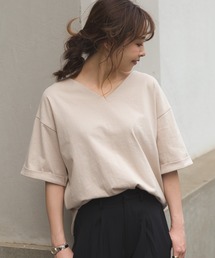 USAコットン 袖ロールアップVネックTシャツ