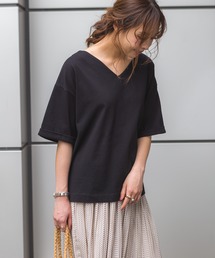 USAコットン 袖ロールアップVネックTシャツ