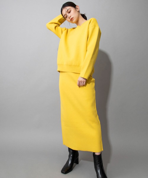 Munich（ミューニック）の「ダブルフェイスニット　2WAYセンタースリットプルオーバー（セットアップ可）（ニット/セーター・レディース・アイボリー/カーキ/ネイビー/イエロー・FREE）」の6枚目の写真