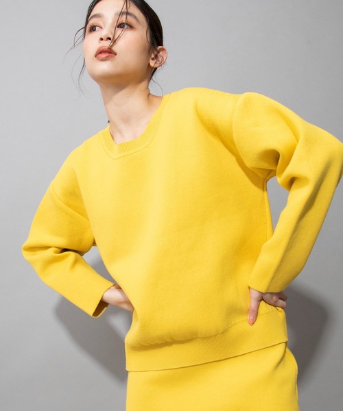 Munich（ミューニック）の「ダブルフェイスニット　2WAYセンタースリットプルオーバー（セットアップ可）（ニット/セーター・レディース・アイボリー/カーキ/ネイビー/イエロー・FREE）」の7枚目の写真