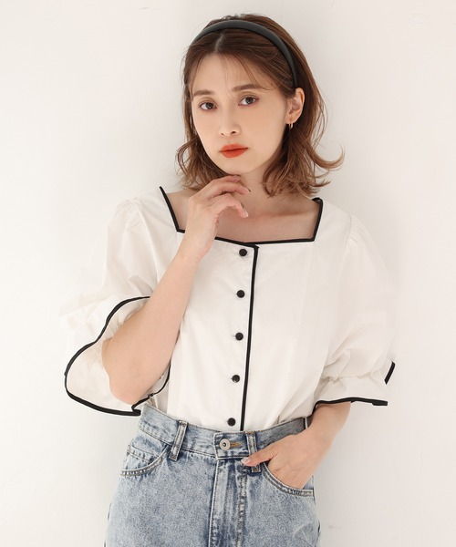 one after another NICE CLAUP（ワンアフターアナザーナイスクラップ）の「カチューシャセットパイピングブラウス（シャツ/ブラウス・レディース・ブラック/ベージュ/オフホワイト・FREE）」の14枚目の写真