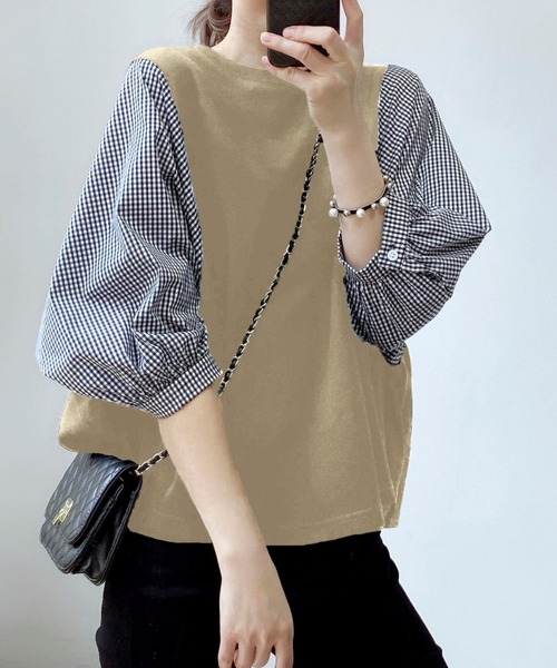 emi+(エミプラス)の「ボリュームスリーブ ギンガムチェックブラウス(シャツ/ブラウス・レディース・ブラック/グレー/ブラック系その他/ベージュ/チャコールグレー/ネイビー/ベージュ系その他・S/M/L)」の6枚目の写真