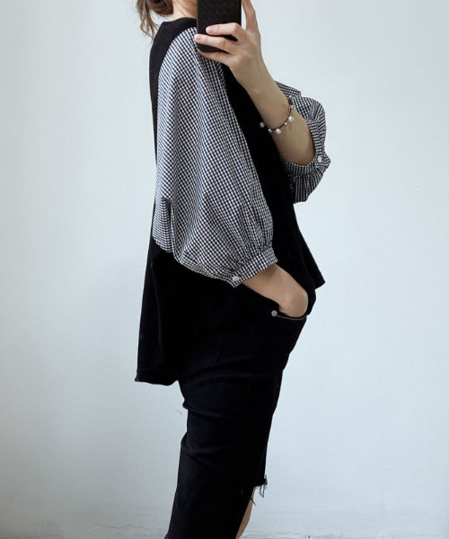 emi+(エミプラス)の「ボリュームスリーブ ギンガムチェックブラウス(シャツ/ブラウス・レディース・ブラック/グレー/ブラック系その他/ベージュ/チャコールグレー/ネイビー/ベージュ系その他・S/M/L)」の8枚目の写真