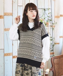 CUBE SUGAR | 綿アクリル バルキーニット ジャガード柄 ベスト(ベスト)