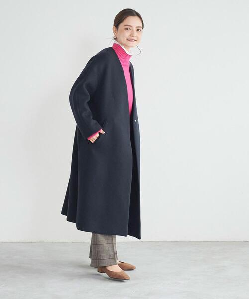 green label relaxing（グリーンレーベルリラクシング）の「【WEB限定】［XS/H148-155㎝］EX FINE リッタイ スリーブ ノーラペル コート（ノーカラーコート・レディース・ネイビー/オフホワイト/ライム/モカ・XS）」の14枚目の写真