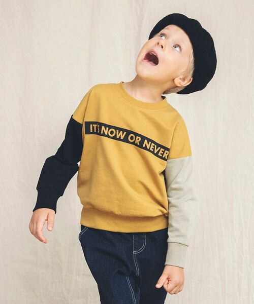 BRANSHES（ブランシェス）の「【カラースリーブ】ボックスロゴ裏毛トレーナー（スウェット・キッズ・アイボリー/カーキオリーブ/ブラック/グリーン/マスタード・110/130/150/100/140/120）」の5枚目の写真