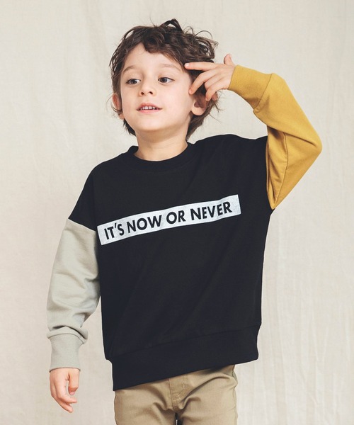 BRANSHES（ブランシェス）の「【カラースリーブ】ボックスロゴ裏毛トレーナー（スウェット・キッズ・アイボリー/カーキオリーブ/ブラック/グリーン/マスタード・110/130/150/100/140/120）」の2枚目の写真