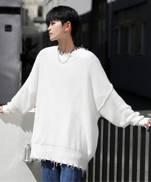 neos（ネオス）の「【neos -addictive design-】オーバーサイズ ラーベン編み ダメージ ニット セーター（ニット/セーター・メンズ・ホワイト/ブラック/ベージュ/ブラウン/ブルーグレー/チャコール・MEDIUM/LARGE）」の2枚目の写真