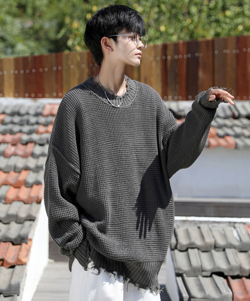 neos（ネオス）の「【neos -addictive design-】オーバーサイズ ラーベン編み ダメージ ニット セーター（ニット/セーター・メンズ・ホワイト/ブラック/ベージュ/ブラウン/ブルーグレー/チャコール・MEDIUM/LARGE）」の5枚目の写真