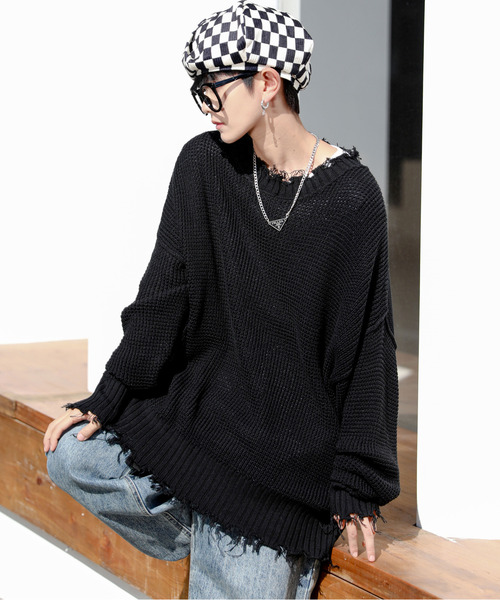 neos（ネオス）の「【neos -addictive design-】オーバーサイズ ラーベン編み ダメージ ニット セーター（ニット/セーター・メンズ・ホワイト/ブラック/ベージュ/ブラウン/ブルーグレー/チャコール・MEDIUM/LARGE）」の3枚目の写真