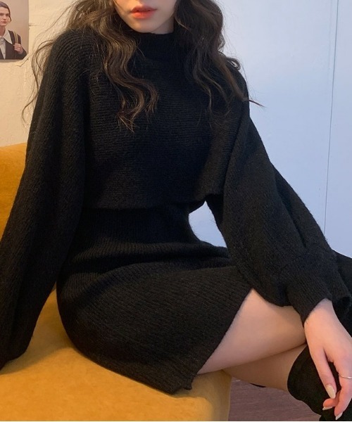 chuu(チュー)の「CHUU モカラテknit & dress set(ワンピース・レディース・ブラック/ベージュ・FREE)」の3枚目の写真