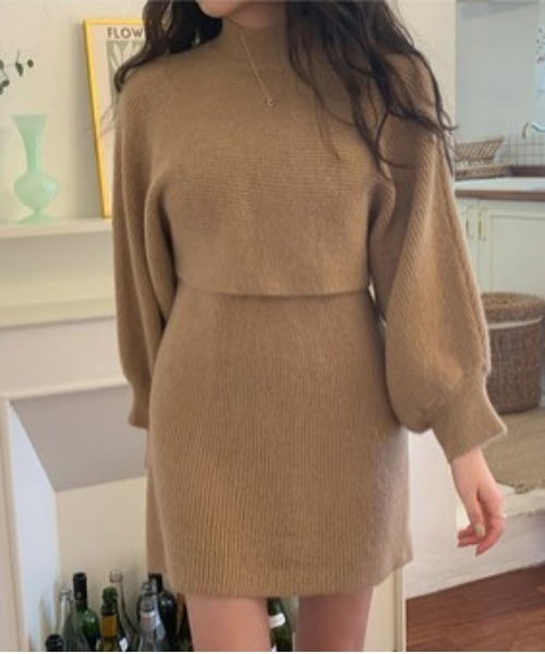 chuu(チュー)の「CHUU モカラテknit & dress set(ワンピース・レディース・ブラック/ベージュ・FREE)」の7枚目の写真