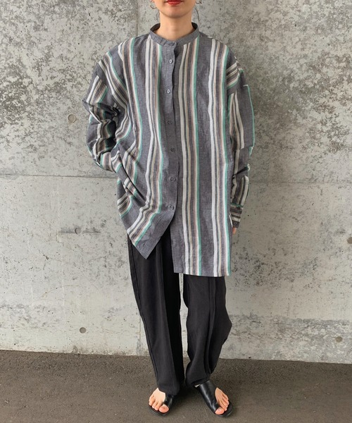 select MOCA by son(セレクトモカバイソン)の「2022 SS リネンマルチストライプオーバーシャツ(シャツ/ブラウス・レディース・ベージュ/インディゴブルー・FREE)」の10枚目の写真