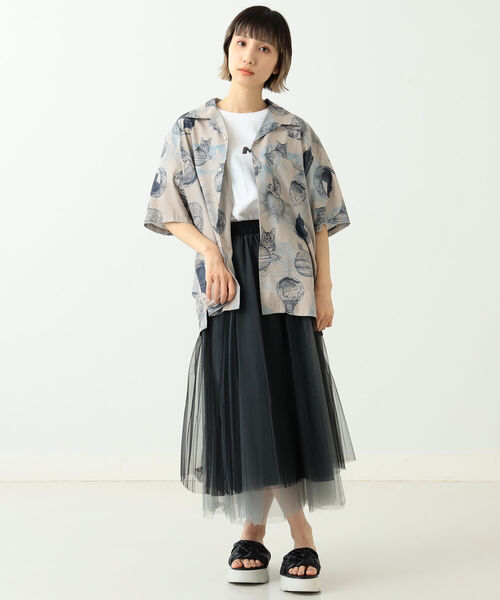 mmts（マミタス）の「365CAT.ART× mmts / 総柄 シャツ（シャツ/ブラウス・レディース・ベージュ/グリーン・SMALL/MEDIUM/LARGE）」の9枚目の写真