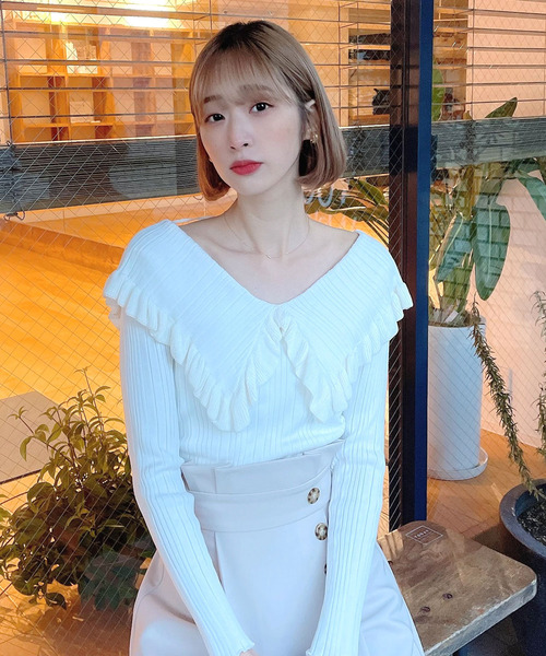 Voyage titty&Co.PETIT（ボヤージュティティアンドコープチ）の「【Voyage titty&Co. PETIT】フリルカラー2wayリブニット（ニット/セーター・レディース・ホワイト/ブラック/ブルー・FREE）」の10枚目の写真