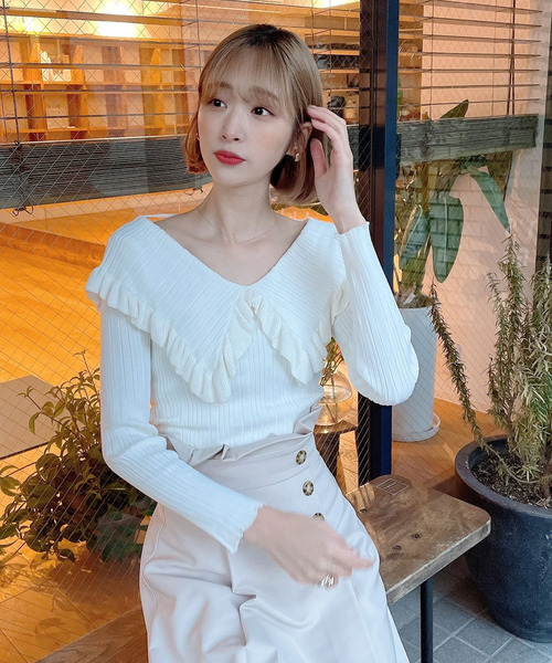 Voyage titty&Co.PETIT（ボヤージュティティアンドコープチ）の「【Voyage titty&Co. PETIT】フリルカラー2wayリブニット（ニット/セーター・レディース・ホワイト/ブラック/ブルー・FREE）」の14枚目の写真