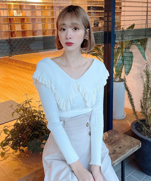 Voyage titty&Co.PETIT（ボヤージュティティアンドコープチ）の「【Voyage titty&Co. PETIT】フリルカラー2wayリブニット（ニット/セーター・レディース・ホワイト/ブラック/ブルー・FREE）」の9枚目の写真