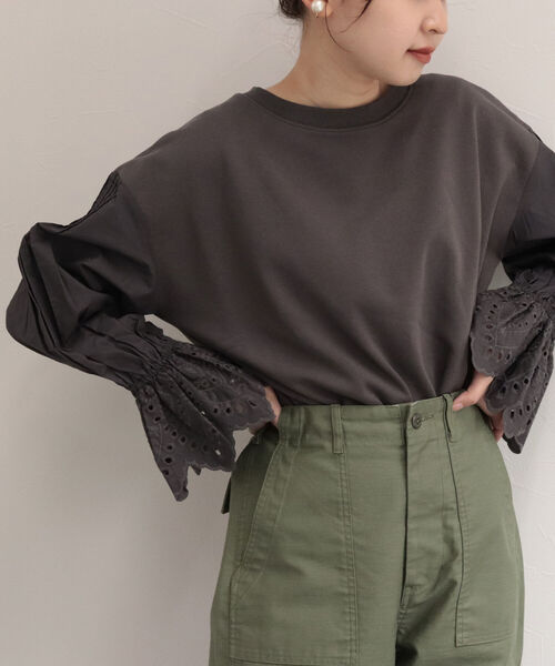 fredy emue(フレディエミュ)の「【WEB限定】レース袖ボリューム プルオーバーカットソー(Tシャツ/カットソー・レディース・ミント/チャコールグレー・38)」の1枚目の写真