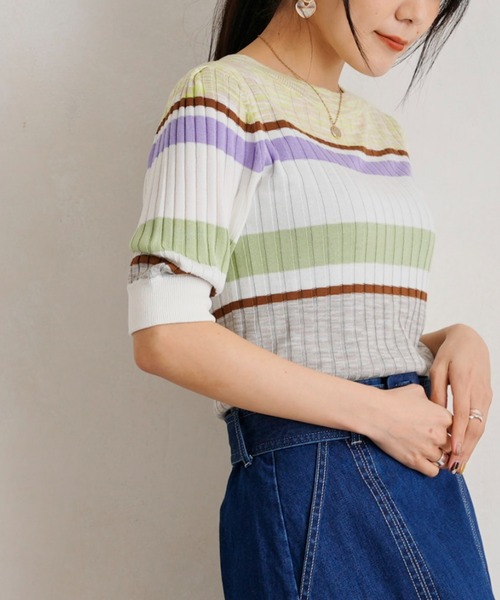 Chez toi(シェトワ)の「マルチボーダー半袖プルオーバー(ニット/セーター・レディース・ベージュ/アイボリー/ミント・FREE)」の4枚目の写真