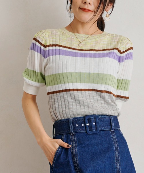 Chez toi(シェトワ)の「マルチボーダー半袖プルオーバー(ニット/セーター・レディース・ベージュ/アイボリー/ミント・FREE)」の6枚目の写真
