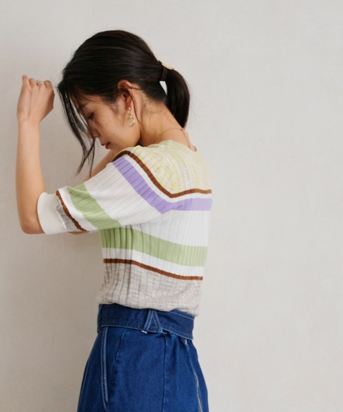Chez toi(シェトワ)の「マルチボーダー半袖プルオーバー(ニット/セーター・レディース・ベージュ/アイボリー/ミント・FREE)」の8枚目の写真