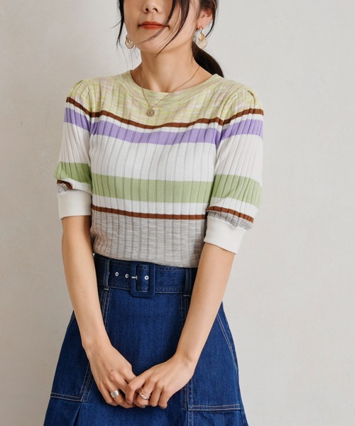 Chez toi(シェトワ)の「マルチボーダー半袖プルオーバー(ニット/セーター・レディース・ベージュ/アイボリー/ミント・FREE)」の10枚目の写真