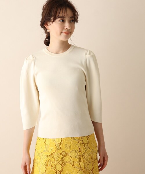 OPAQUE.CLIP（オペークドットクリップ）の「◆総針ショルダータックニット（ニット/セーター・レディース・ダークグリーン/オフホワイト/イエロー・38）」の5枚目の写真