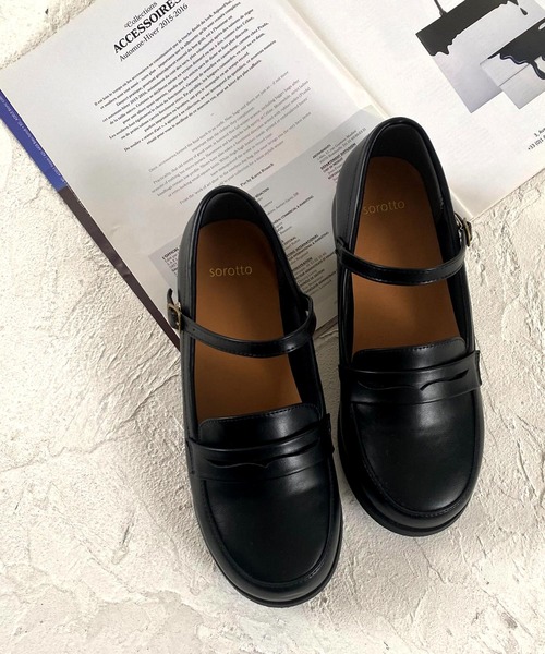 セール】フラットソール ストラップ付き ローファー パンプス