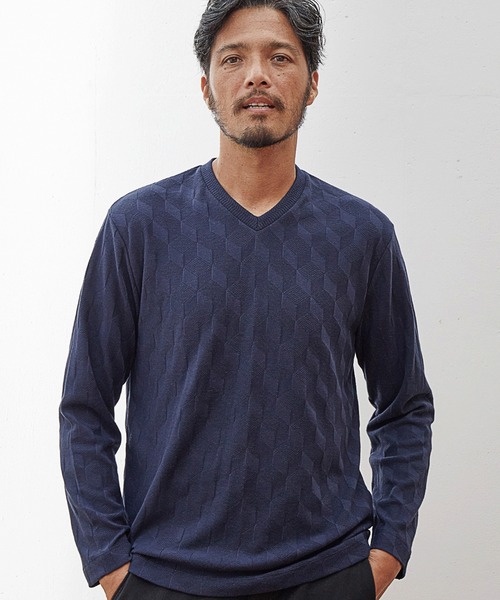 UNION STATION（ユニオンステーション）の「【EFFORTLESS】リンクスジャガードVネックロンT（Tシャツ/カットソー・メンズ・ホワイト/ネイビー/ボルドー・LL/M/L）」の3枚目の写真