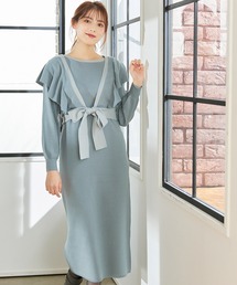 前後2way配色ワンピース×カーディガンセット